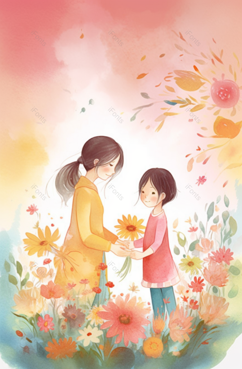 温馨场景下女孩献花感恩母亲背景图,插画/手绘图,插画/手绘图库,插画/手绘图下载,插画/手绘
